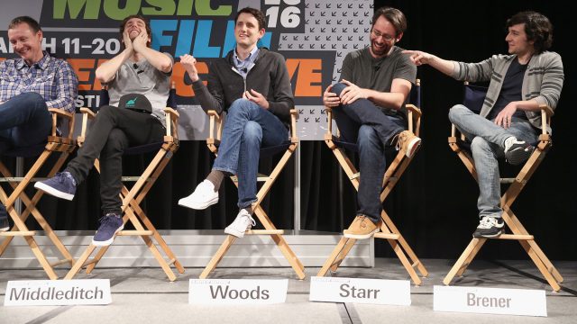 (L-R) Writer/director/producer Mike Judge, executive producer Alec Berg, actors Thomas Middleditch, Zach Woods, Martin Starr and Josh Brener