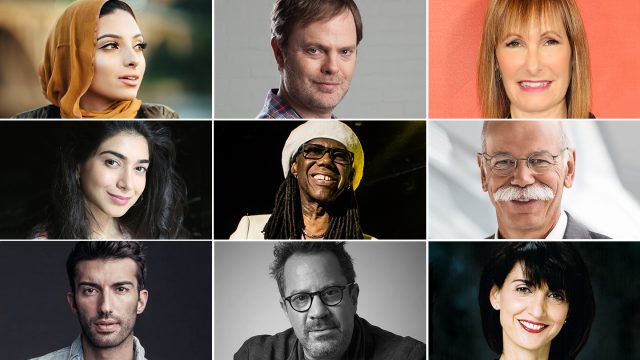 2017 SXSW Conference Featured Session Speakers (l-r) Noor Tagouri, Rainn Wilson, Dr. Dieter Zetsche, Shiza Shahid, Niles Rodgers, Gale Anne Hurd, Justin Baldoni, Richard Gladstein, and Ruth Vitale.