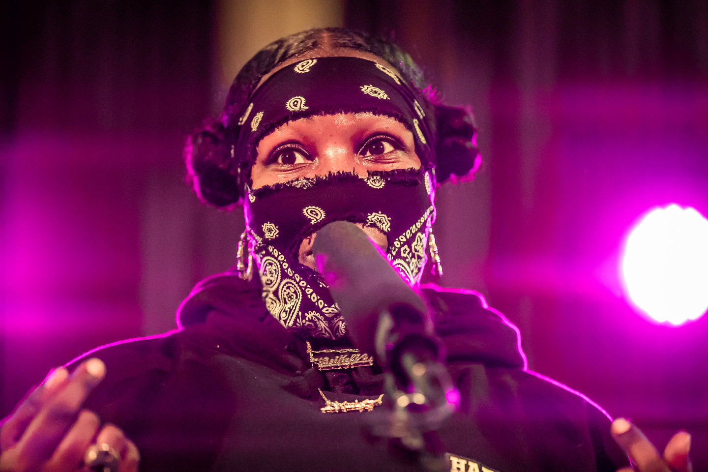 Leikeli47 performs onstage at NPR Tiny Desk Concert at Central Presbyterian Church.