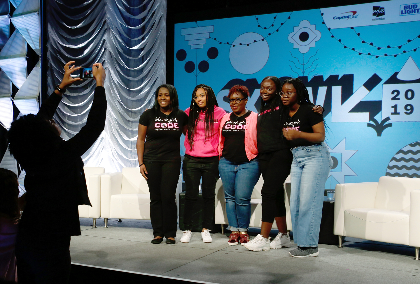 (L-R) Alexandra Philip, Kai Morton, Kimberly Bryant, Aminata Dieng, and Olivia Ross speak onstage at Featured Session: Behind the Click: Securing the Future for Black Women and Girls in Tech - Photo by Sean Mathis/Getty Images for SXSW