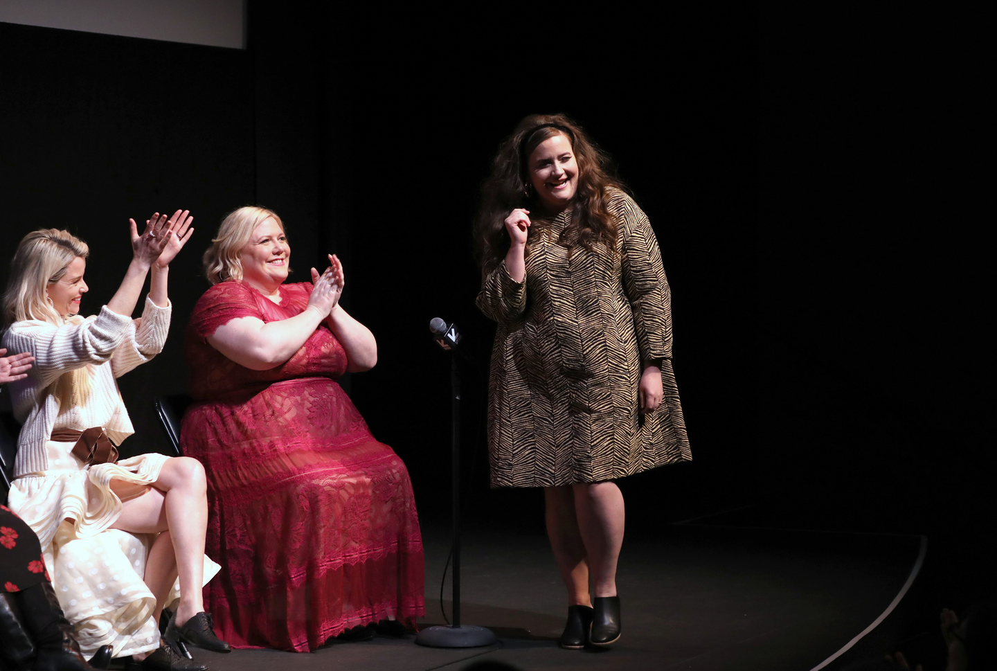 (L-R) Elizabeth Banks, Lindy West, and Aidy Bryant speak onstage at the Shrill premiere at the Stateside Theatre. Photo by Sean Mathis/Getty Images for SXSW