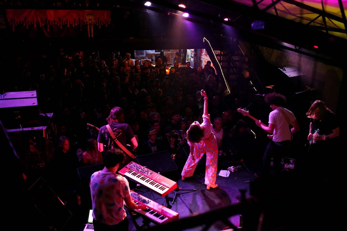 Jake Knight, Andrew Cashen, Sabrina Ellis, Jon Fichter, and Joshua Merry of Sweet Spirit perform onstage at The Onion & AV Club event at Mohawk. Photo by Travis P Ball/Getty Images for SXSW