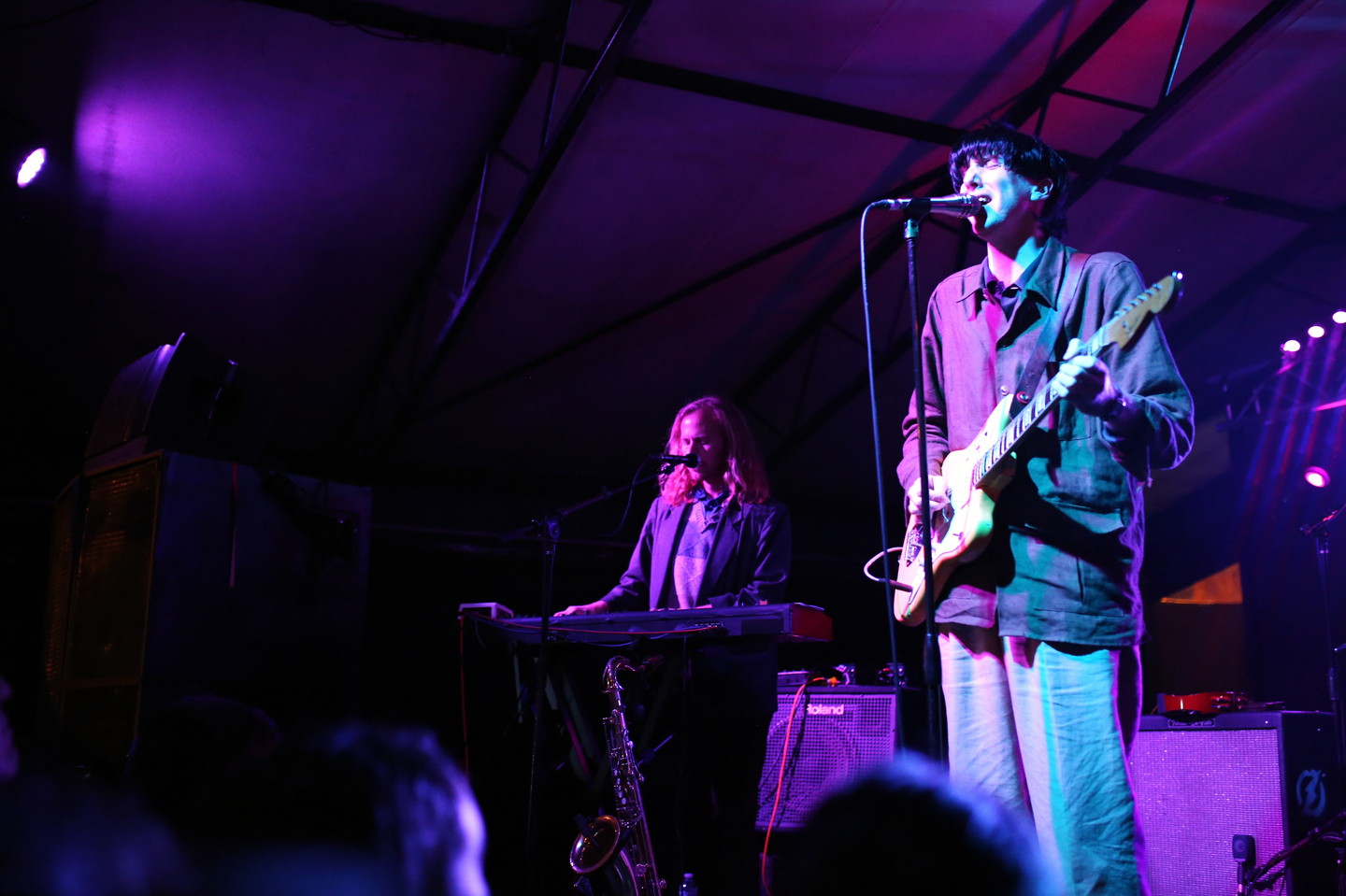(L-R) Javier Morales and Bradford Cox of Deerhunter perform onstage at The Onion AV Club event at the Mohawk Outdoor.