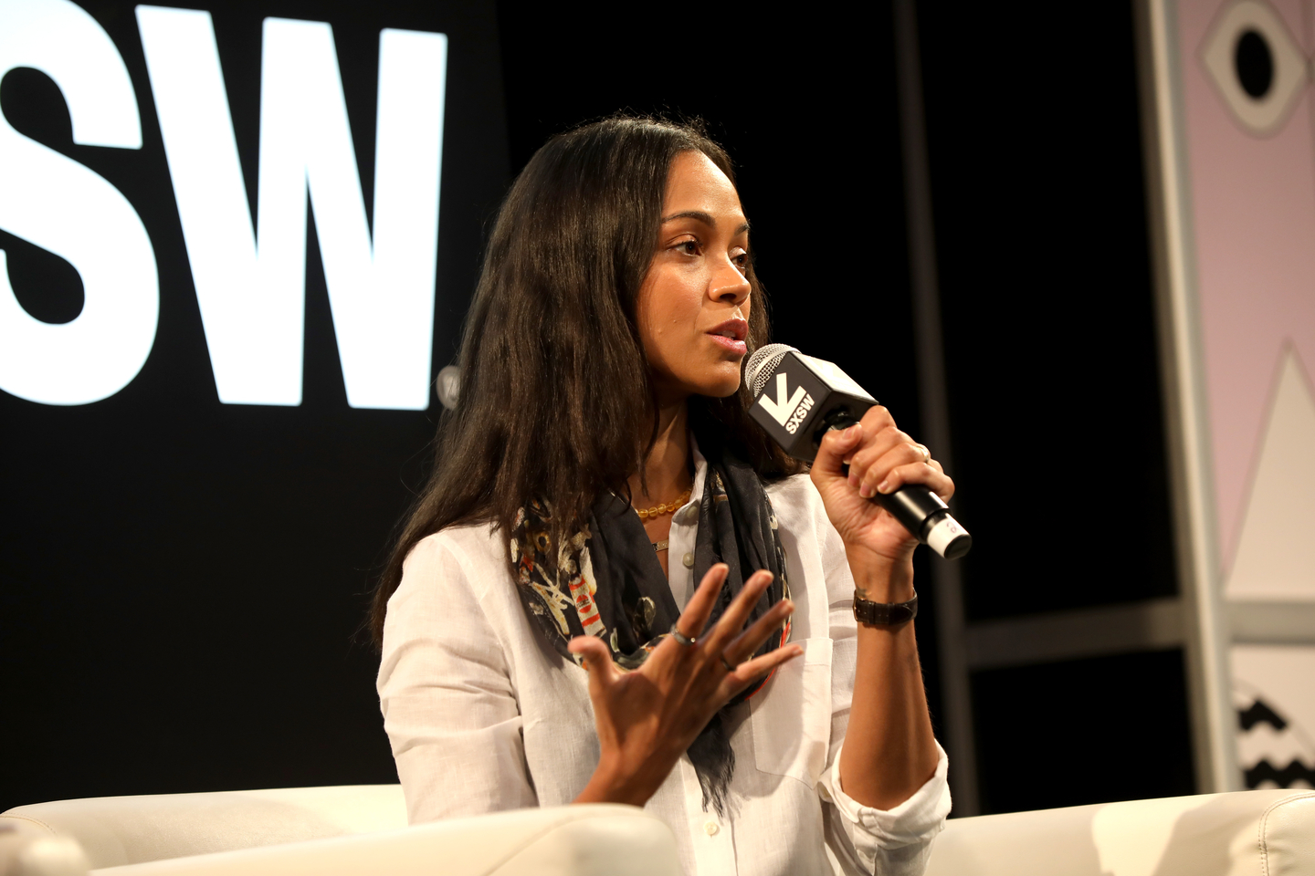 Zoe Saldana speaks onstage at her Featured Session: Changing the Narrative with Zoe Saldana.