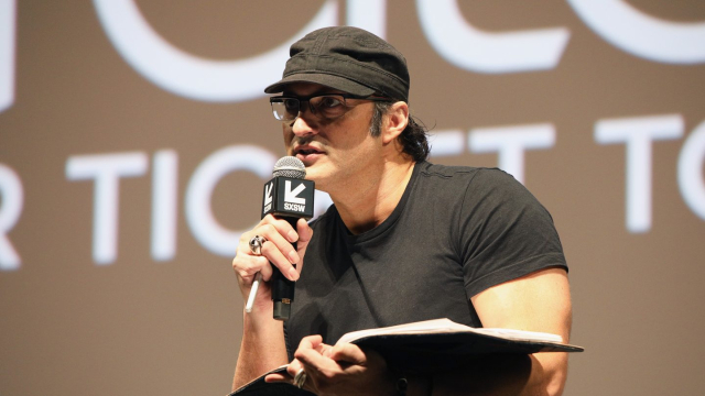 Robert Rodriguez speaks onstage at The Robert Rodriguez Film School and Red 11 premiere at Atom Theater.