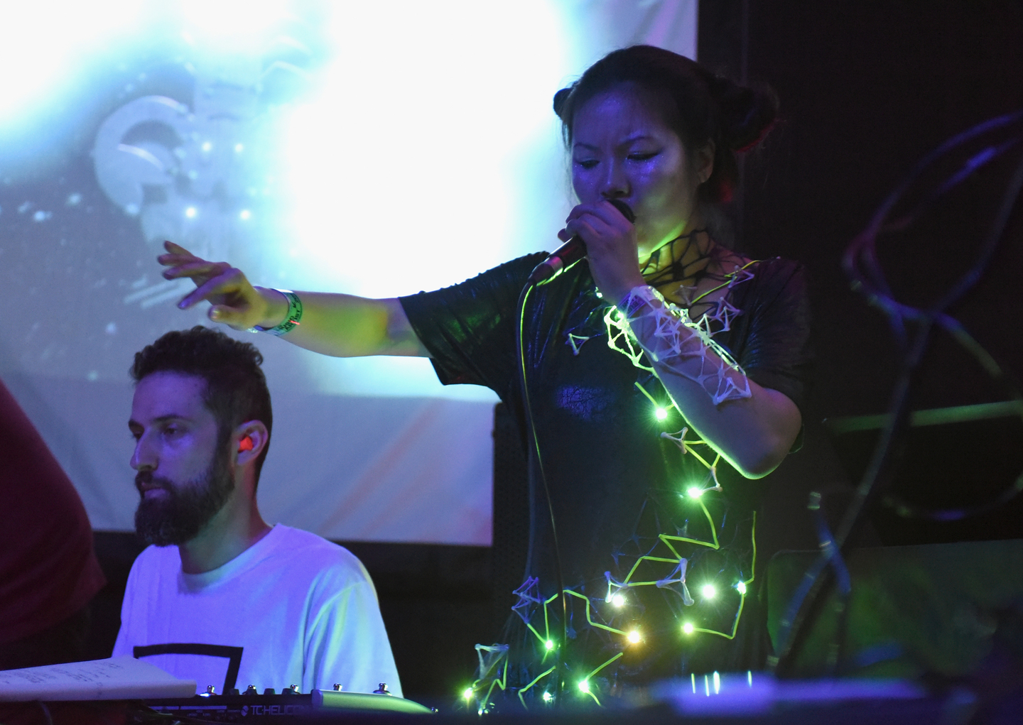 Jason Levine (L) and May Cheung of Scorpion Mouse perform onstage at the Lush presents Algorave: Live Coding Party at The Main II.