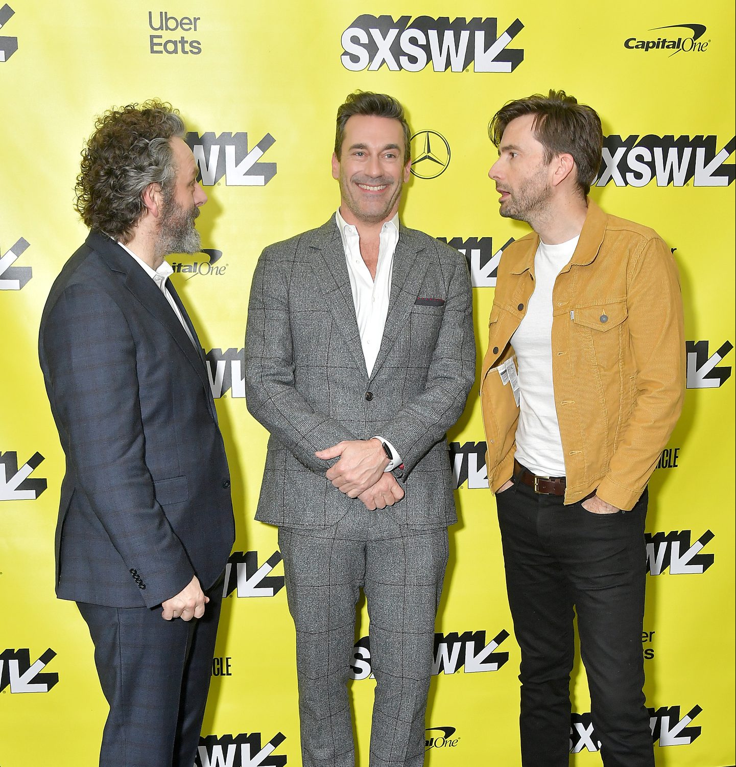 (L-R) Actors Michael Sheen, Jon Hamm and David Tennant attends Good Omens: The Nice and Accurate event at the ZACH Theatre.