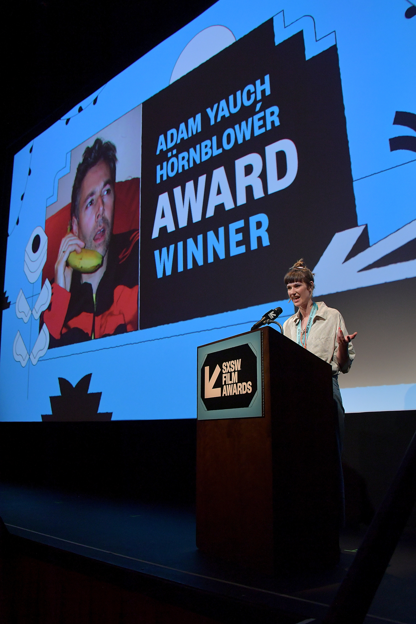 Grace Glowicki accepts the Adam Yauch Hornblower Award for her film Tito at the SXSW Film Awards at the Paramount Theatre.
