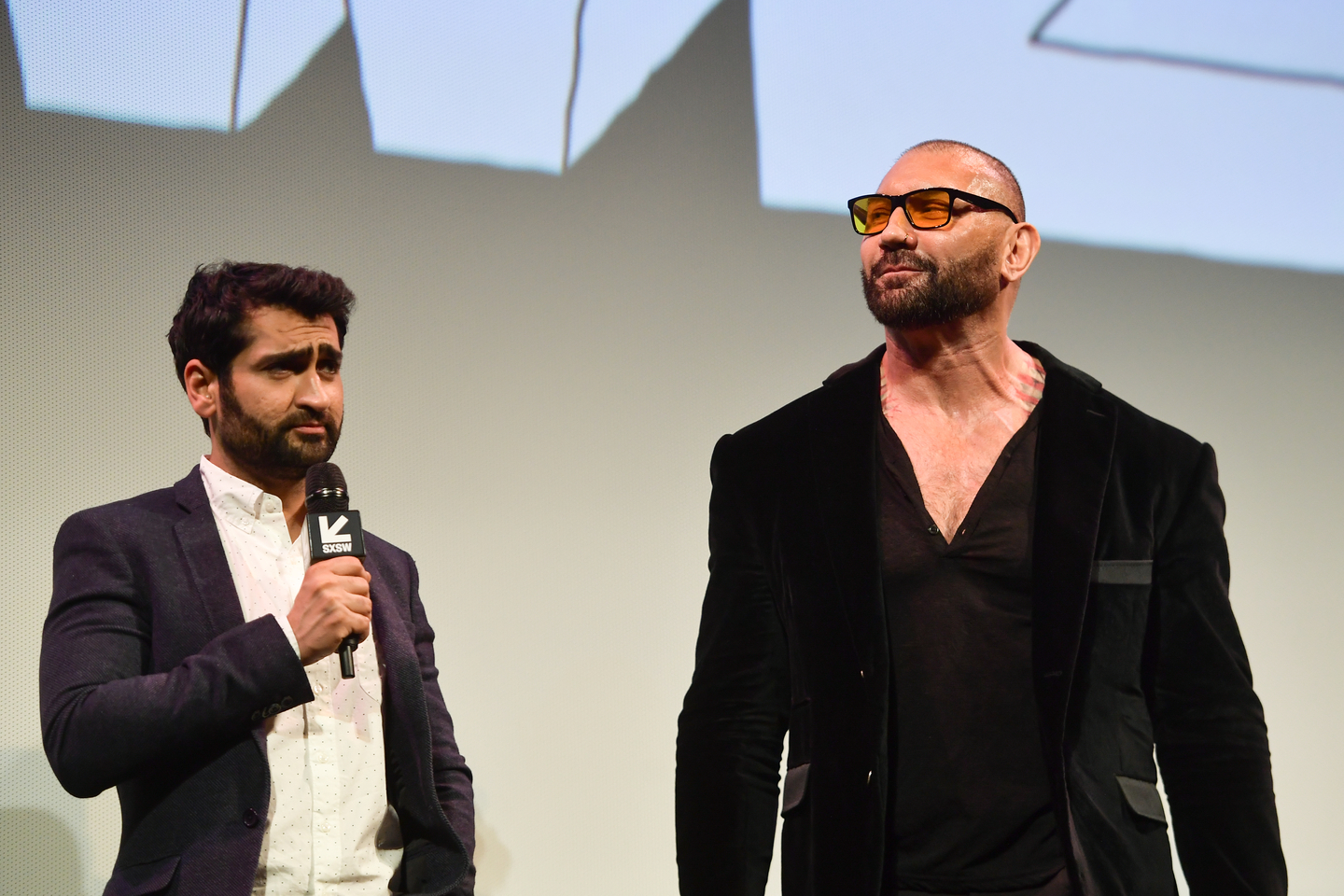 Kumail Nanjiani and Dave Bautista attend the Stuber screening at the Paramount Theatre.