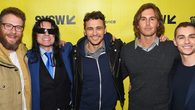 (L-R) Seth Rogen, Tommy Wiseau, James Franco, Greg Sestero, and Dave Franco at the SXSW premiere of The Disaster Artist. Photo by Matt Winkelmeyer/Getty Images
