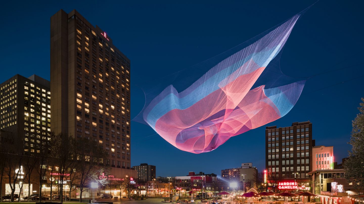 One of Janet Echelman's installations over Montreal's Place Émilie-Gamelin