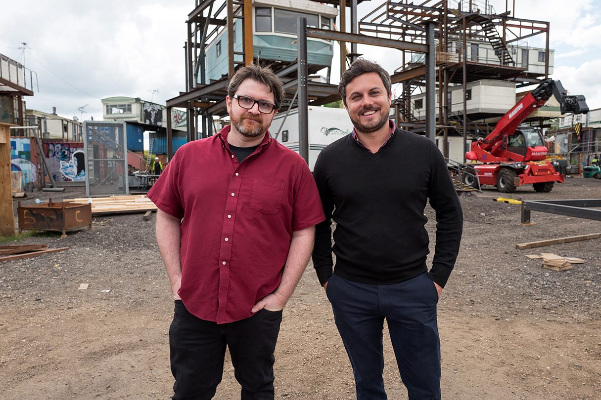 (L-R) Ernest Cline and Ready Player One producer, Dan Farah, on the set of Ready Player One, over a decade after they met at SXSW.