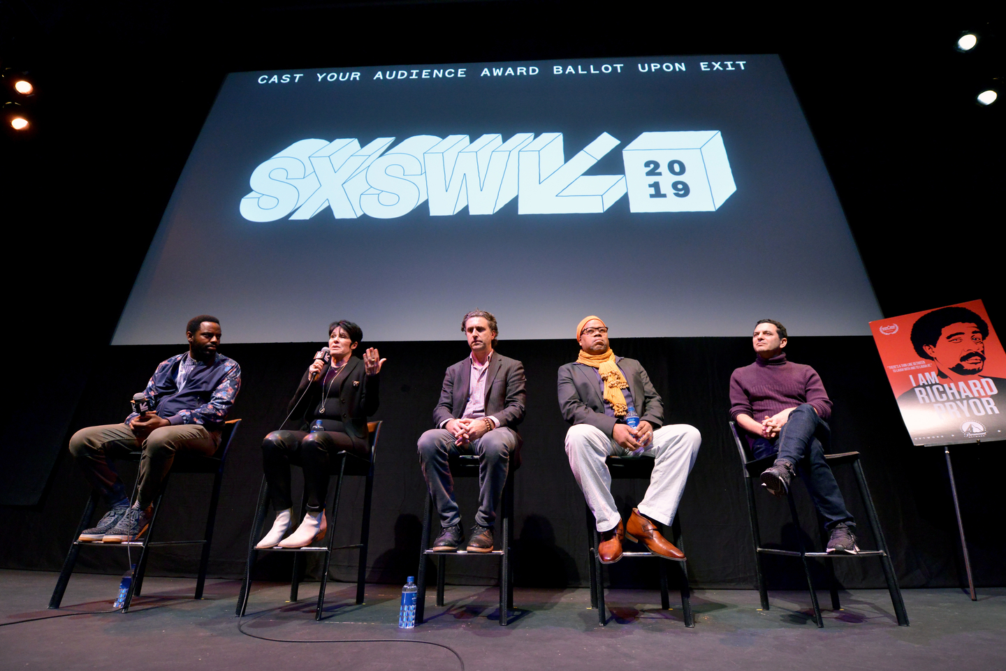 (L-R) Baron Vaughn, Jennifer Lee Pryor, Jesse James Miller, Greg Tate, and Scott Saul at the I Am Richard Pryor World Premiere – Photo by Nicola Gell/Getty Images for SXSW