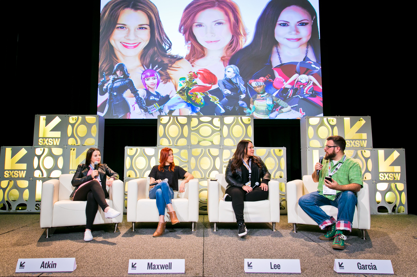 Victoria Atkin, Elizabeth Maxwell, and Mela Lee speaking at the New Voices in Gaming panel on the Discovery Stage at SXSW Gaming 2019. Photo by Travis Lilley