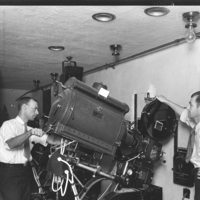 The projection booth at the Paramount Theatre during the 1930s