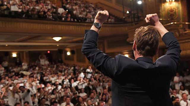 Michael Fassbender cheers on a full house at the Paramount Theatre before the screening of 
